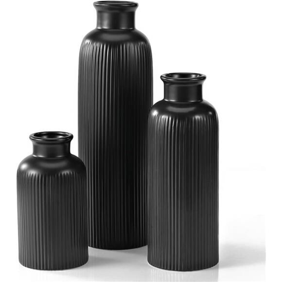 Black Ceramic Vase Set of 3 Boho Modern Black Flower Vase Room Decor - Picture 1 of 8